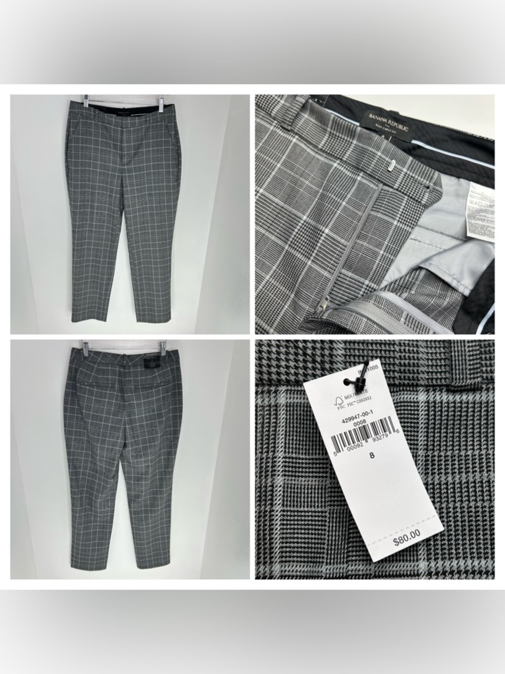 Banana Republic NWT Ryan Curvy Fit Pants Womens Size 8 Gray Plaid Career‎ $80
